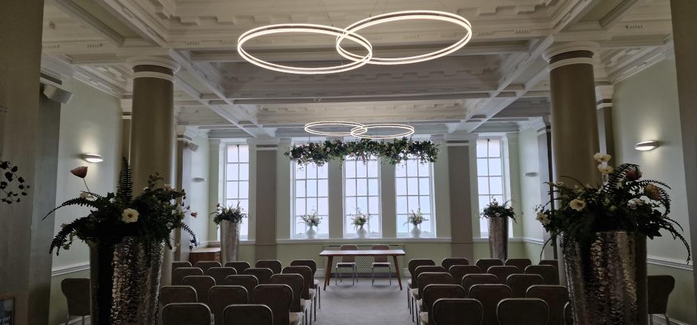 Refurbished guildhall ceremony room facing the window.