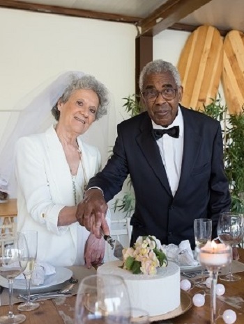 A picture of a couple cutting a wedding cake